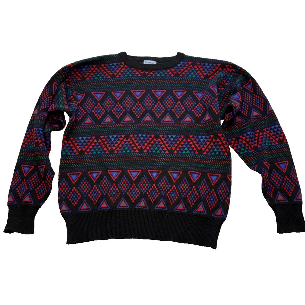 Meister Geometric Crewneck Sweater Mens L Black Wool Blend 90s Retro Grandpacore